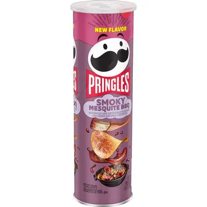 Pringles Smokey Mesquite BBQ potato chips in a colorful bag with a smoky mesquite barbecue flavor.