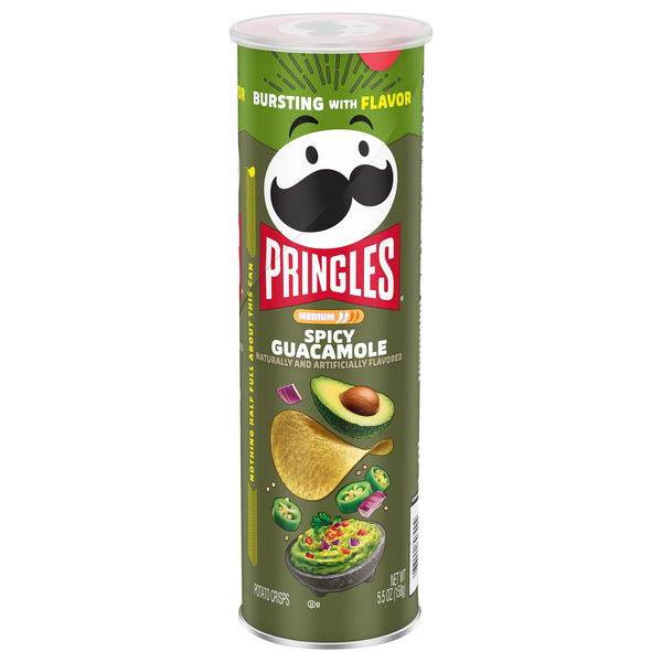 Pringles Spicy Guacamole flavor snack chips in a bright tin container, showcasing the colorful potato chips.