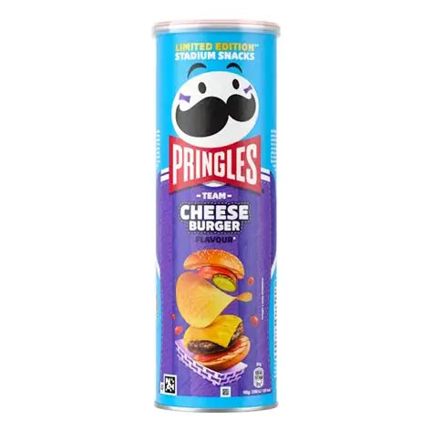 Pringles Team Cheeseburger LE snack can with colorful branding and label, showcasing limited edition packaging from Sweet Palace.