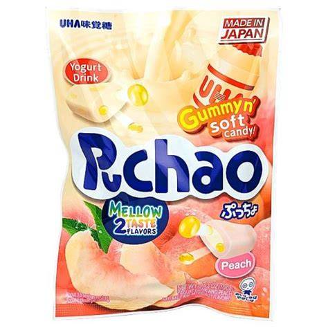 Sweet Palace Puchao Chewy Candy Mellow with yogurt and peach flavor, showing colorful, soft, and chewy candy pieces.