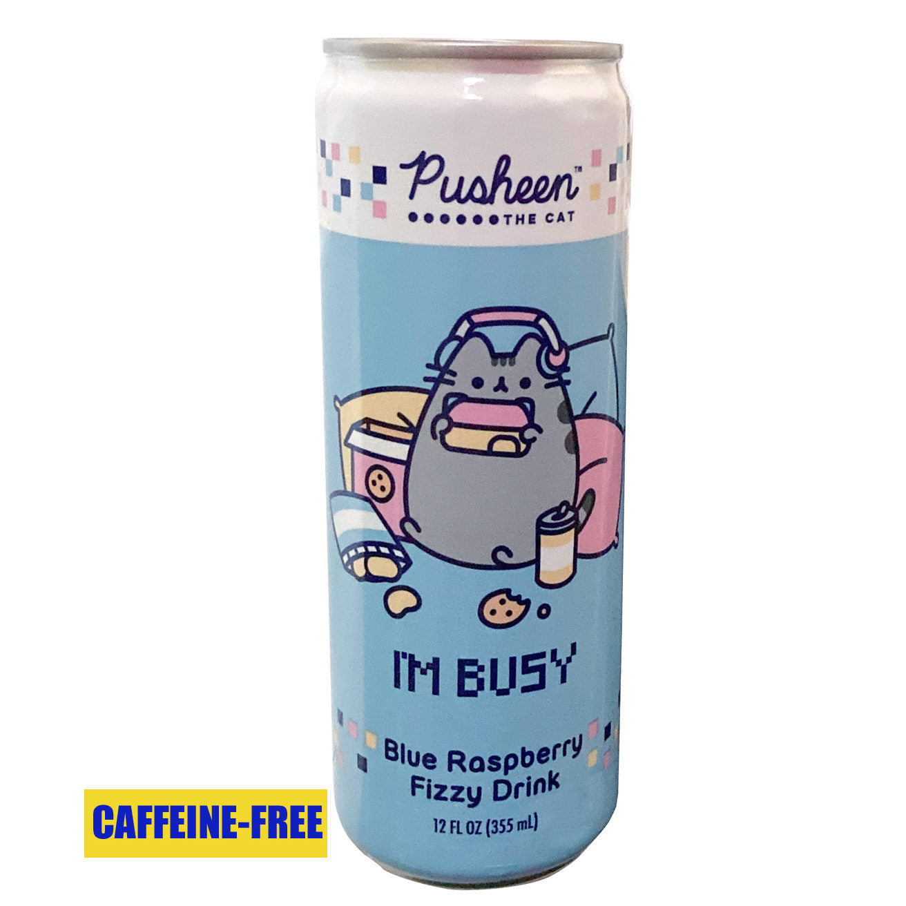 Pusheen cartoon character holding a blue raspberry fizzy drink from Sweet Palace featuring colorful branding and a playful design.
