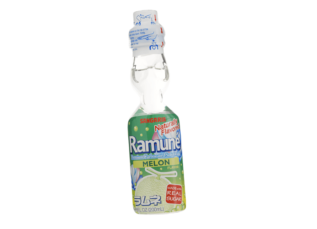 Sangaria Ramune Melon soda bottle from Sweet Palace with green label and melon flavor branding.