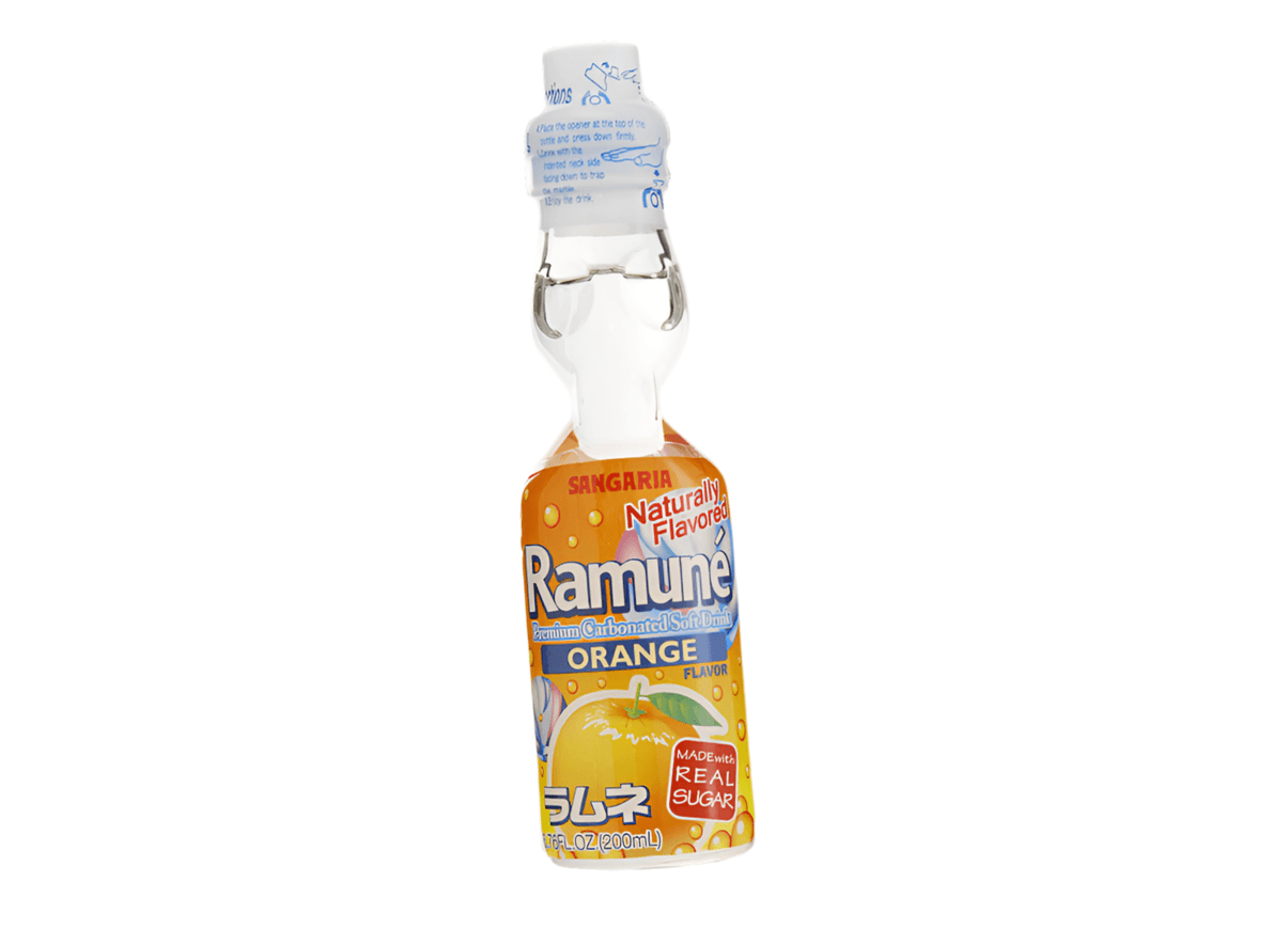Sangaria Ramune Orange Japanese soda bottle from Sweet Palace, featuring bright orange label and traditional glass bottle design.