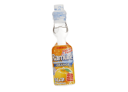 Sangaria Ramune Orange Japanese soda bottle from Sweet Palace, featuring bright orange label and traditional glass bottle design.