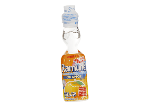 Sweet Palace Sangaria Ramune Orange soft drink in a glass bottle with orange flavor and colorful label.