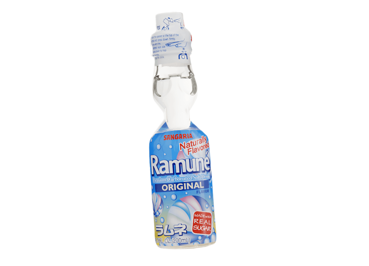 Bottle of Sangaria Ramune Original Japanese soda by Sweet Palace, featuring the classic glass bottle with a colorful label.