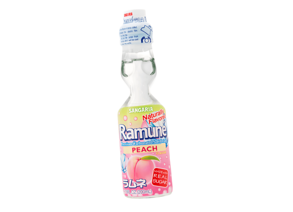 Sweet Palace Sangaria Ramune Peach Japanese soda bottle with clear label and peach flavor branding.
