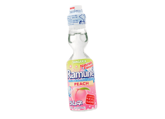 Sweet Palace Sangaria Ramune Peach soda bottle with clear glass, featuring a vibrant label and colorful peach-themed design.