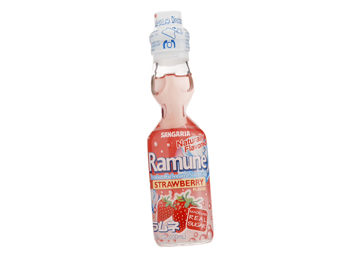 Sweet Palace Sangaria Ramune Strawberry bottle with clear label and colorful strawberry illustration on the packaging.