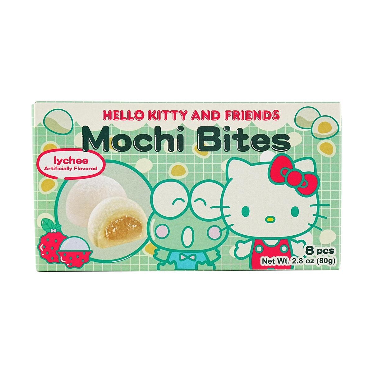 Hello Kitty Keroppi Mochi Bites in lychee flavor, soft and chewy Japanese rice snacks from Sweet Palace featuring Hello Kitty characters.