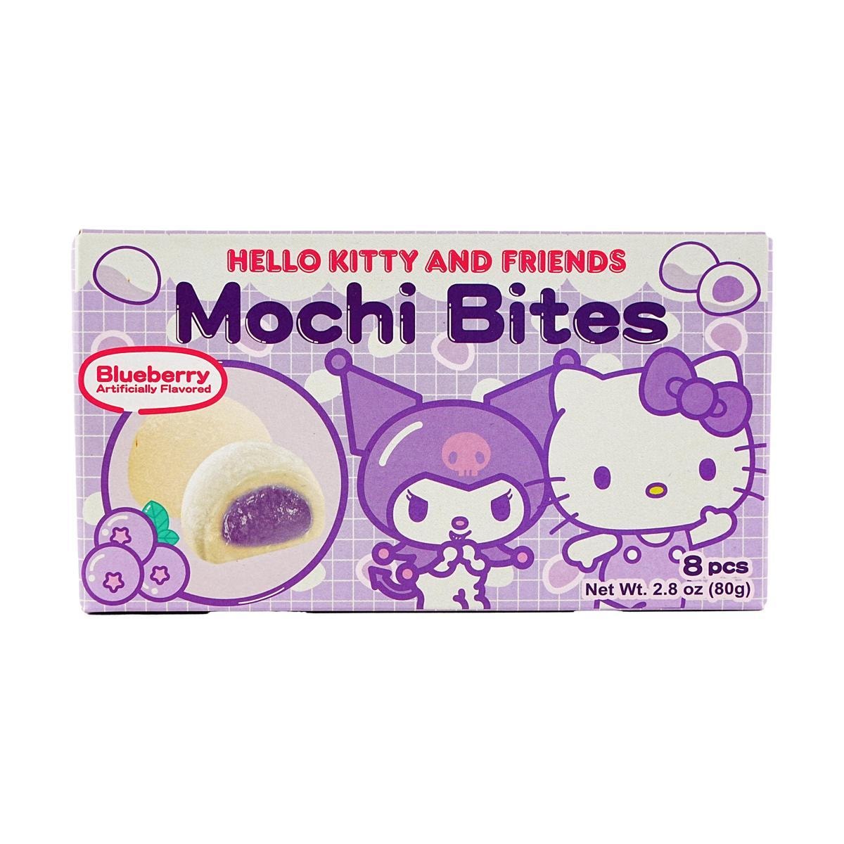 Sweet Palace Hello Kitty Kuromi mochi bites in blueberry flavor, soft and chewy Japanese dessert with colorful packaging.