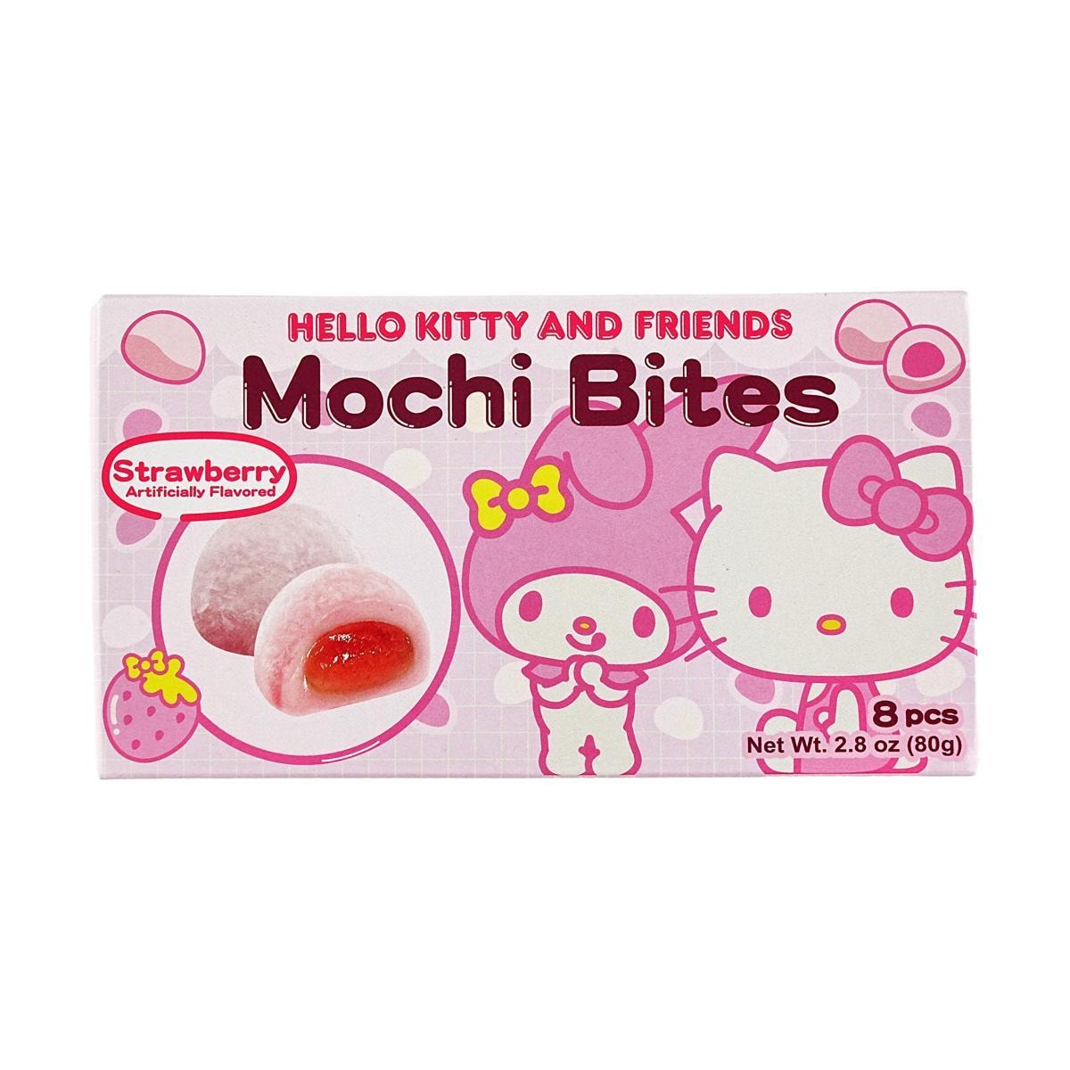 Hello Kitty and My Melody Mochi Bites in strawberry flavor from Sweet Palace, showing colorful packaging and mochi treats.