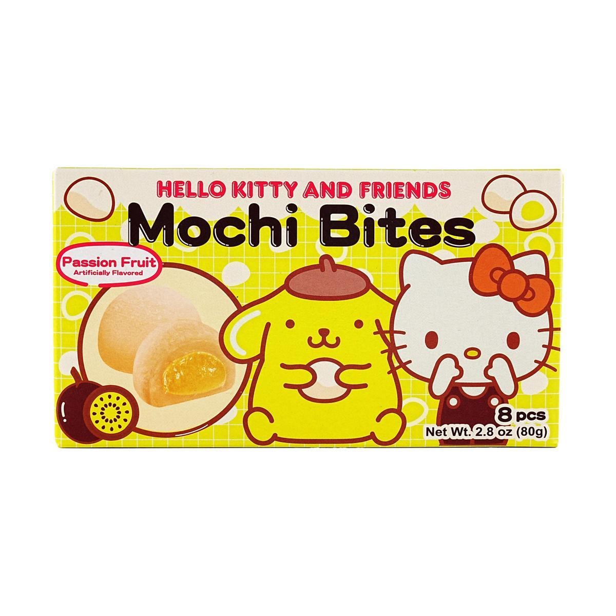 Sanrio Hello Kitty and Pompompurin mochi bites with passion fruit flavor, from Sweet Palace, showing colorful mochi treats.