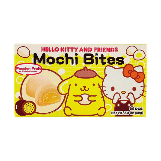 Sanrio Hello Kitty Pompompurin Mochi Bites in Passion Fruit flavor, showing colorful, soft mochi treats with cute character packaging.