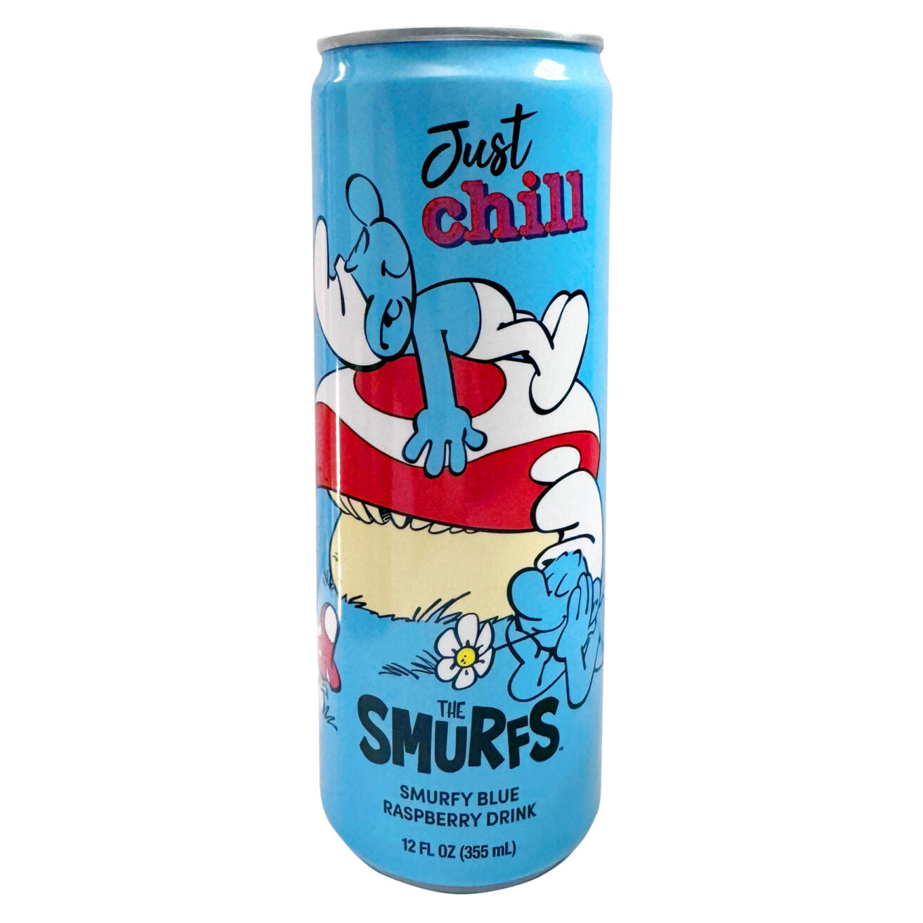 Smurfs Just Chill Smurfy Blue Raspberry Drink in a colorful bottle featuring Smurf characters and blue raspberry flavor.
