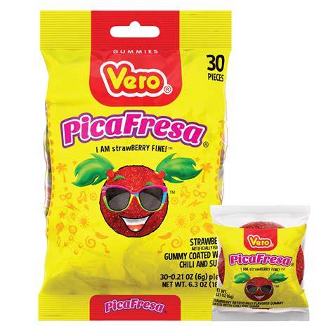 Vero PicaFresa by Sweet Palace, colorful fruit-themed candy with strawberry flavor, displayed in a decorative packaging.