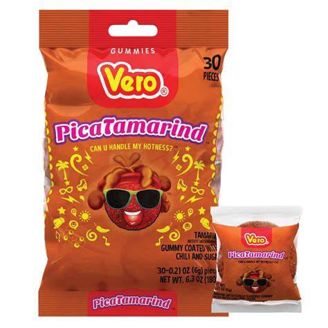 Vero Pica Tamarind by Sweet Palace, close-up of tangy tamarind snack pieces in colorful packaging.