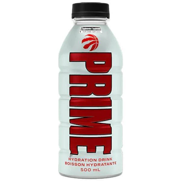 White Raptors Prime Hydration drink by Sweet Palace, featuring a sleek white bottle with Raptors logo and Prime Hydration branding.