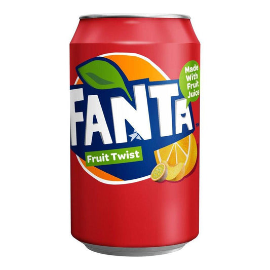 Can of Fanta Fruit Twist soft drink by Sweet Palace, 330ml, with vibrant label featuring fruit images and colorful design.