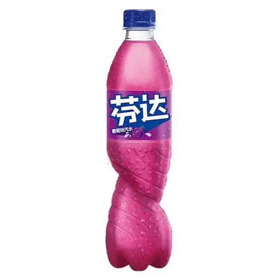 Sweet Palace Fanta Grape drink in a clear plastic bottle with purple grape flavor label.