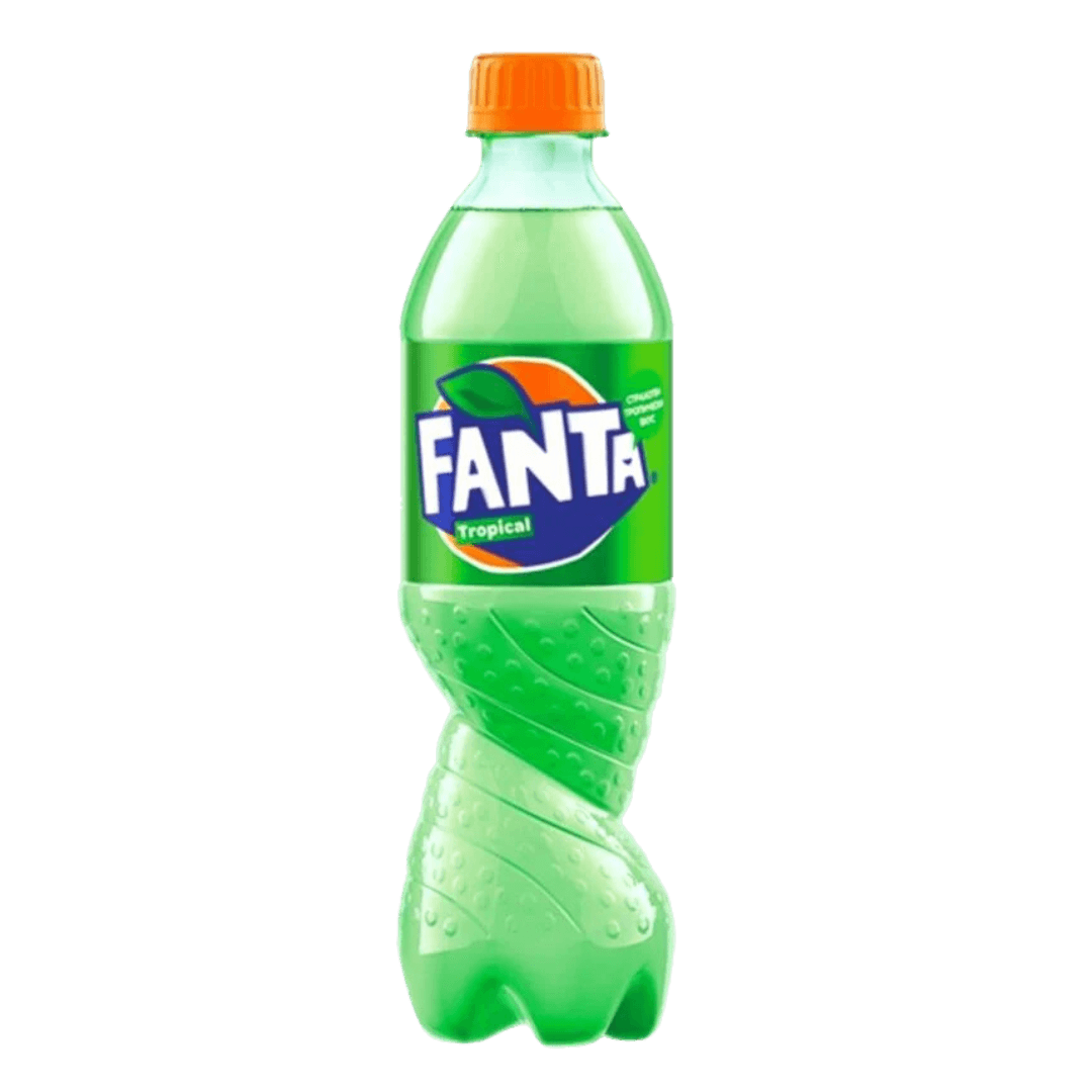 Fanta Tropical drink bottle by Sweet Palace, featuring colorful tropical fruit label on a clear plastic bottle.