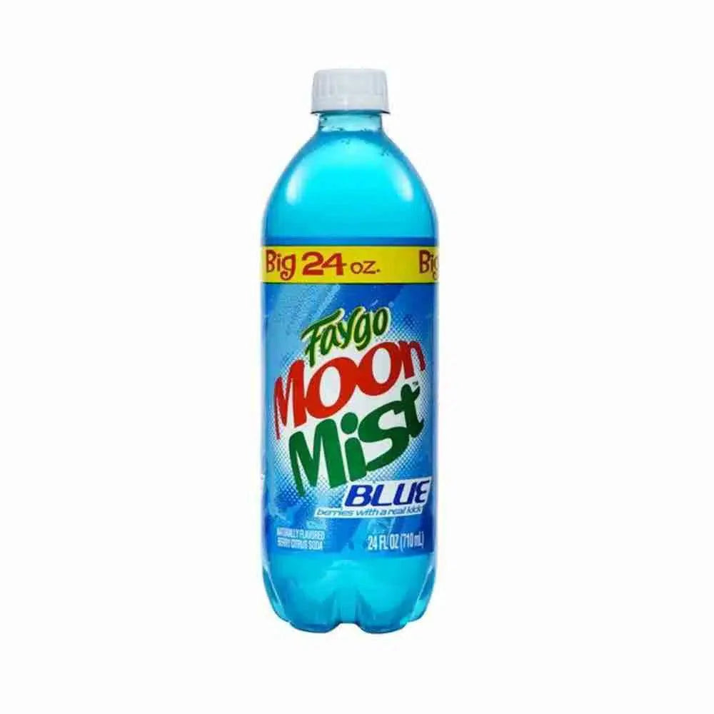 Faygo Blue Moon Mist soft drink in a colorful can with blue and moon-themed design, produced by Sweet Palace.