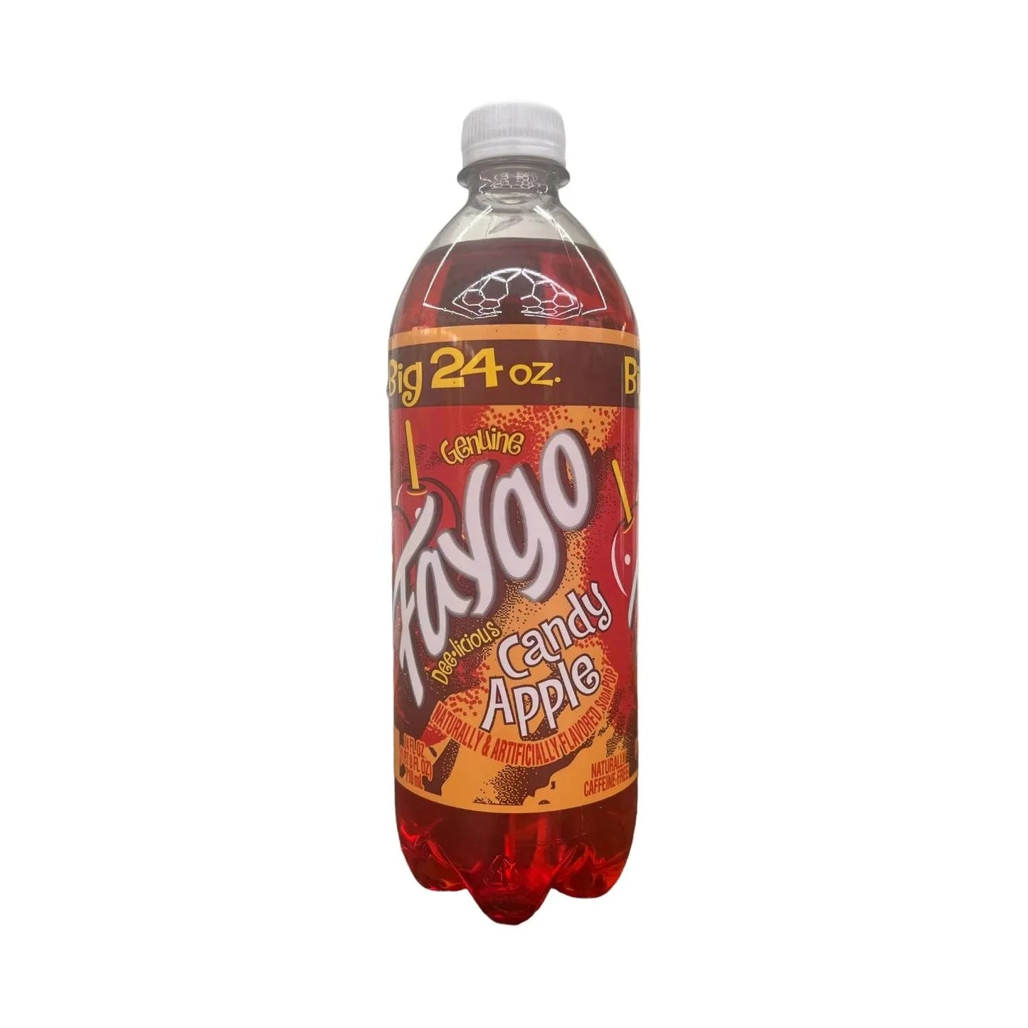 Faygo Candy Apple drink in a clear bottle with red and green apple graphics, from Sweet Palace, showing the colorful label.