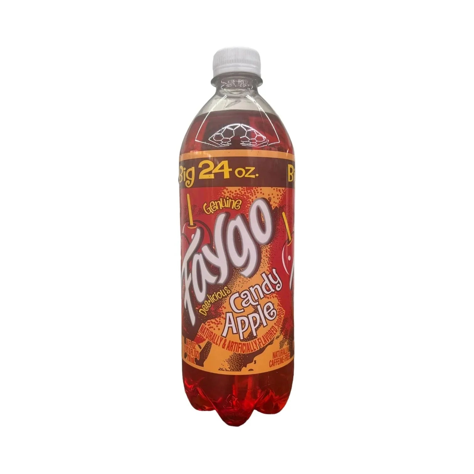 Faygo Candy Apple drink in a clear bottle with red and green apple graphics, from Sweet Palace, showing the colorful label.