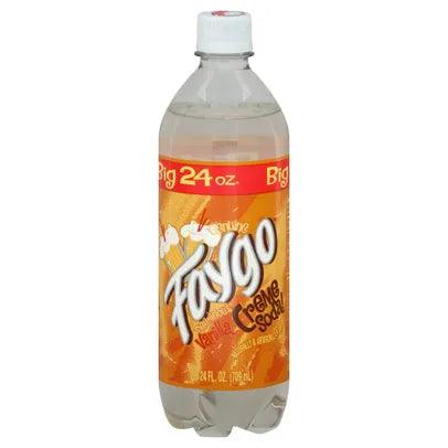 Faygo Cream Soda bottle from Sweet Palace, showing the colorful label and clear glass with fizzy cream soda drink inside.