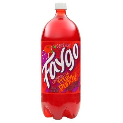 Faygo Fruit Punch drink from Sweet Palace, colorful beverage in a clear bottle with vibrant fruit punch liquid visible inside.
