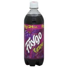 Faygo Grape drink in a clear plastic bottle with purple label and cap, featuring vibrant grape imagery and branding.