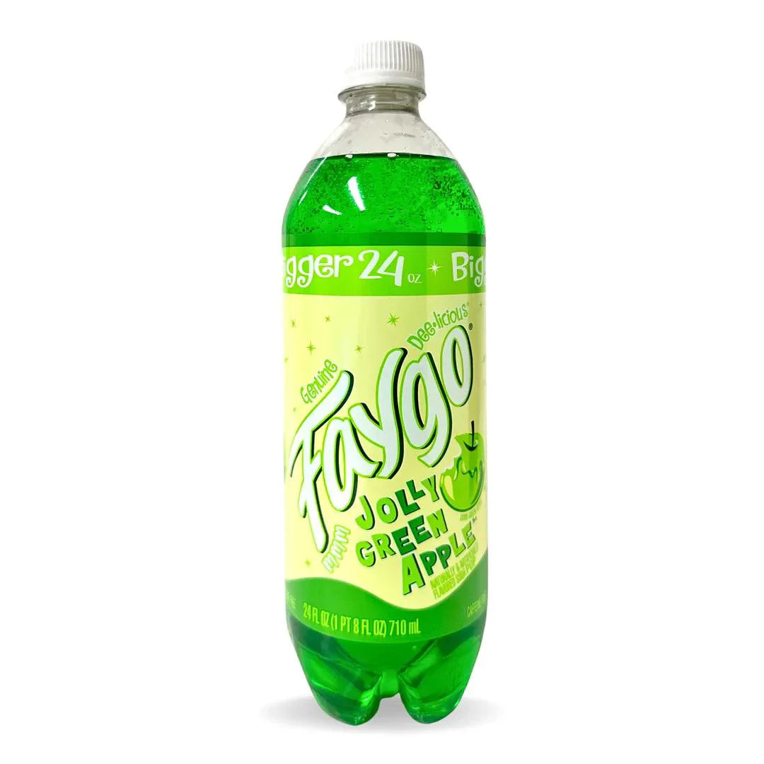 Faygo Green Apple soft drink from Sweet Palace with a bright green bottle and label, showcasing refreshing apple-flavored soda.