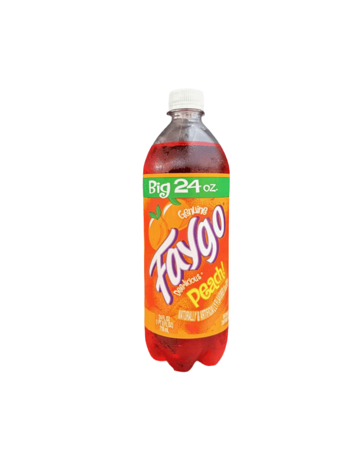 Faygo Peach drink in a clear bottle with bright peach flavor label, from Sweet Palace.