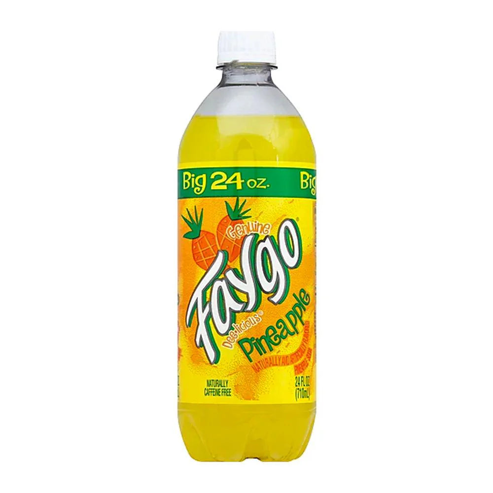 Faygo Pineapple drink in a clear plastic bottle, with a yellow label and pineapple imagery, on a white background.