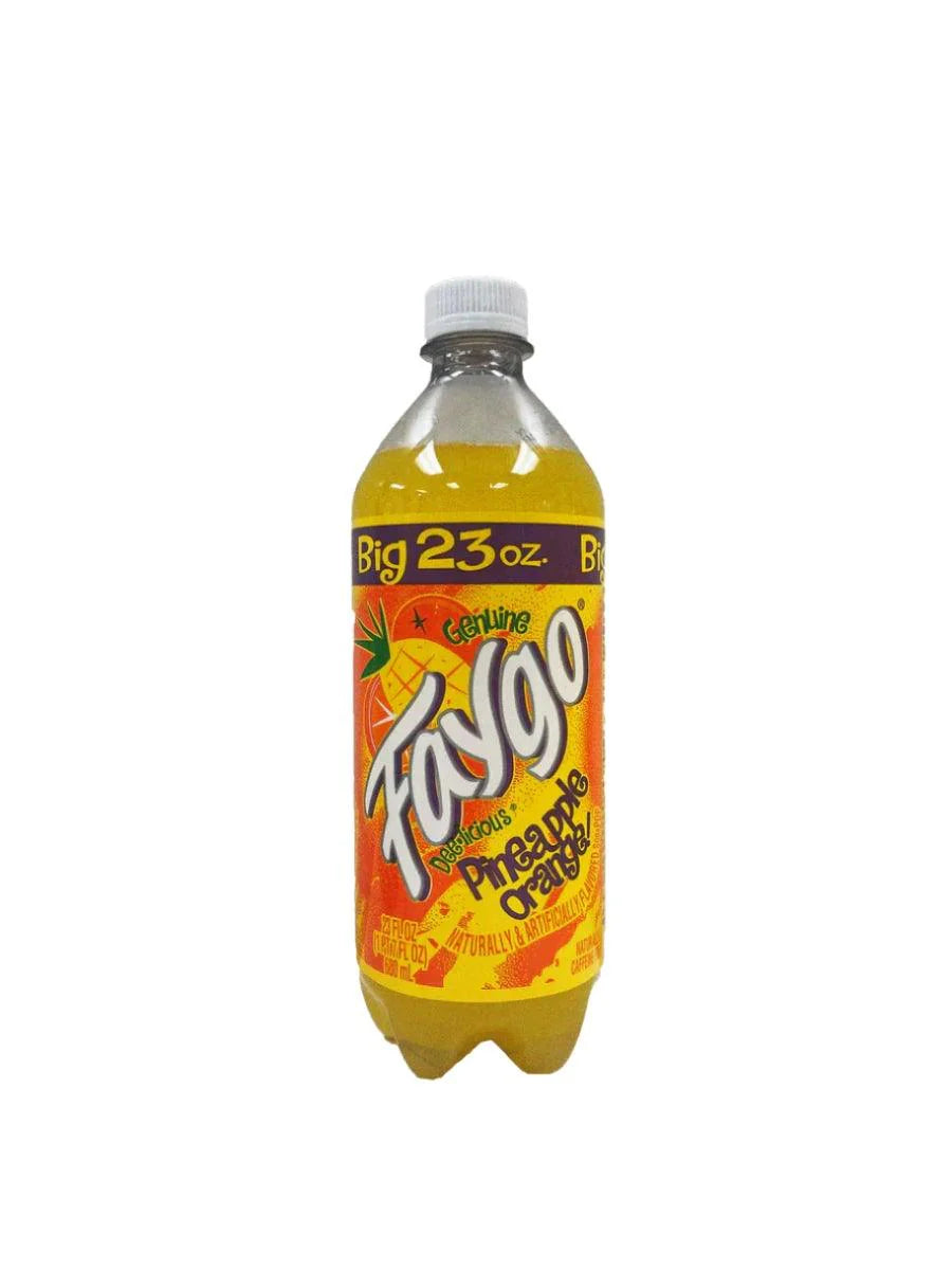 Faygo Pineapple Orange drink in a clear plastic bottle with bright orange and yellow label, showcasing vibrant fruit images.