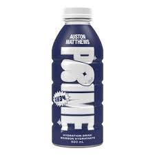 Prime Hydration sports drink featuring Auston Matthews, in a colorful bottle with vibrant branding and a dynamic design.