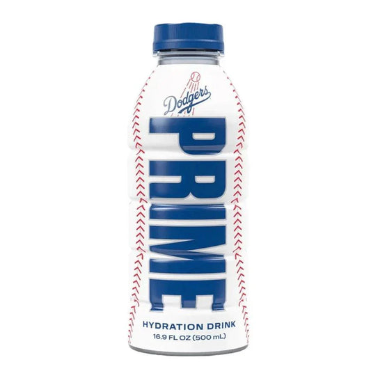 Prime Hydration Dodgers Blue Cap drink in a 500ml bottle with blue cap, featuring Dodgers branding and colorful label design.