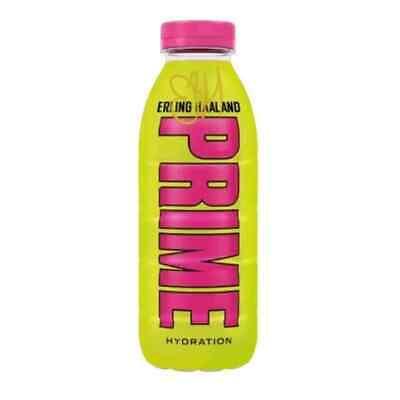 Prime Hydration drink featuring Erling Haaland, with colorful branding and sleek bottle design for sports hydration.