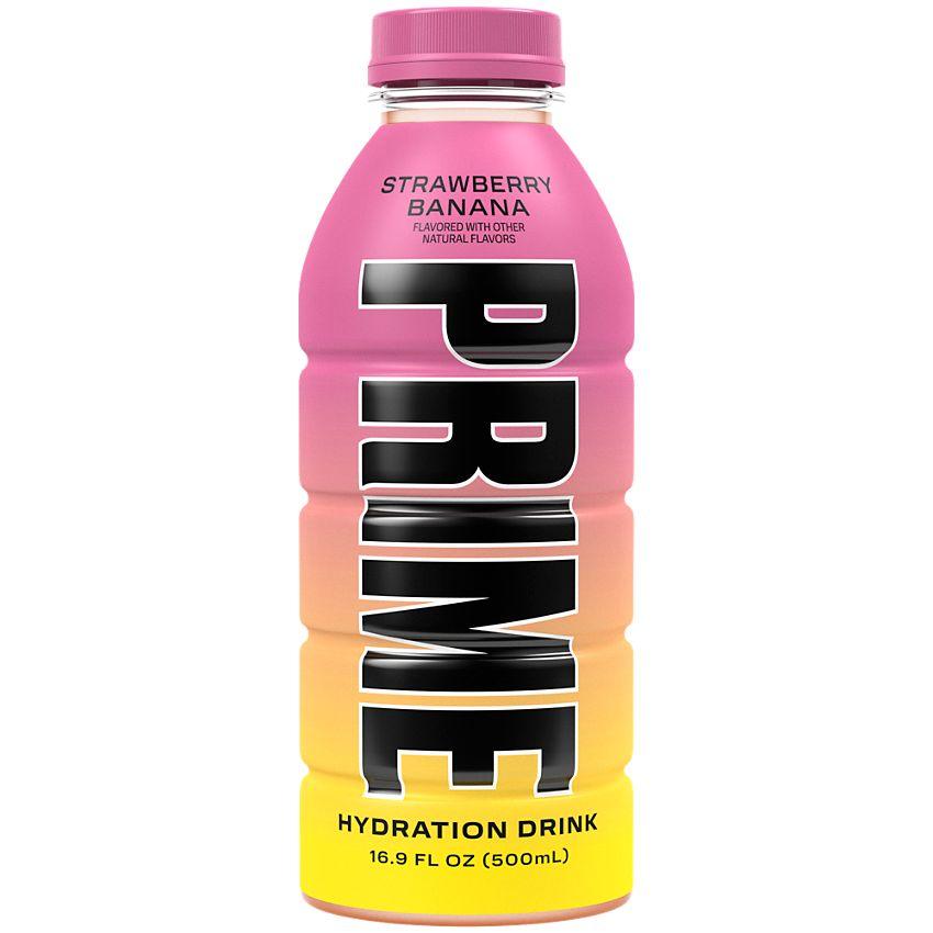 Prime Hydration Strawberry Banana drink from Sweet Palace, featuring a vibrant bottle with fresh strawberry and banana flavors.