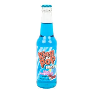 Blue raspberry Ring Pop Soda from Sweet Palace, refreshing drink with vibrant blue raspberry flavor in a colorful bottle.