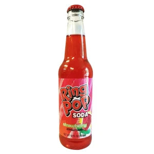 Sweet Palace Ring Pop Soda Strawberry drink in a clear glass with a colorful ring pop garnish, showcasing vibrant red strawberry flavor.