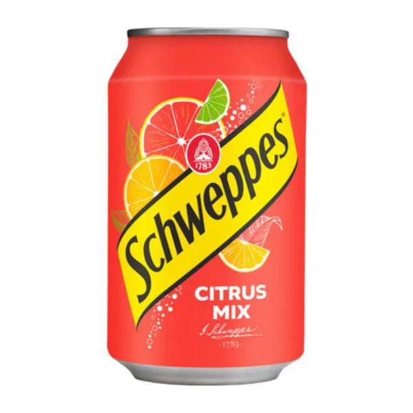 Sweet Palace Schweppes Citrus Mix drinks in clear bottles, showcasing vibrant citrus flavor labels on a white background.