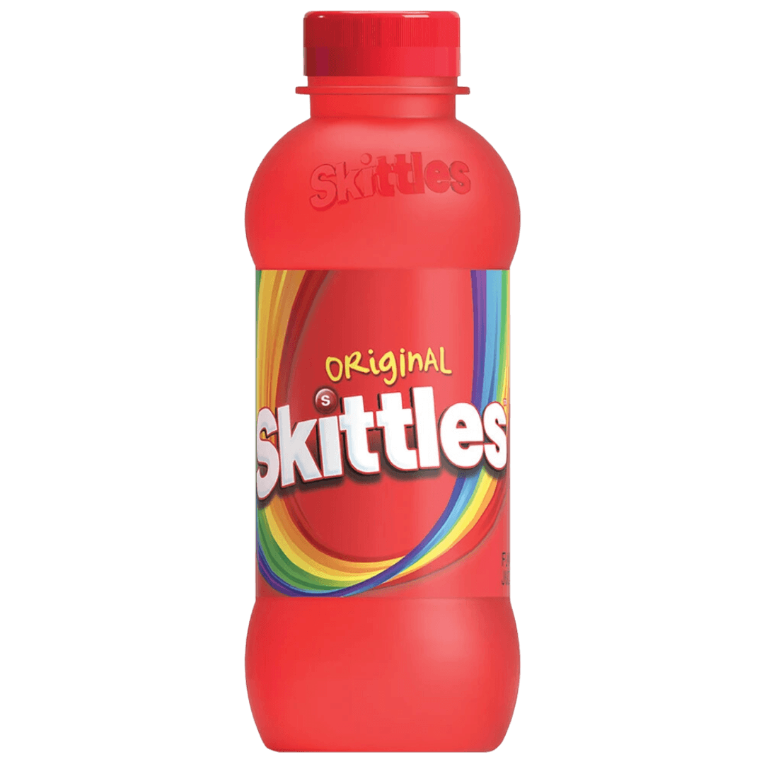 Sweet Palace Skittles Original Drink in a clear bottle, colorful liquid with Skittles branding, ready to enjoy a fruity beverage.