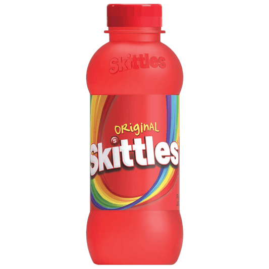 Sweet Palace Skittles Original Drink in a colorful bottle, showcasing the vibrant label and refreshing beverage inside.