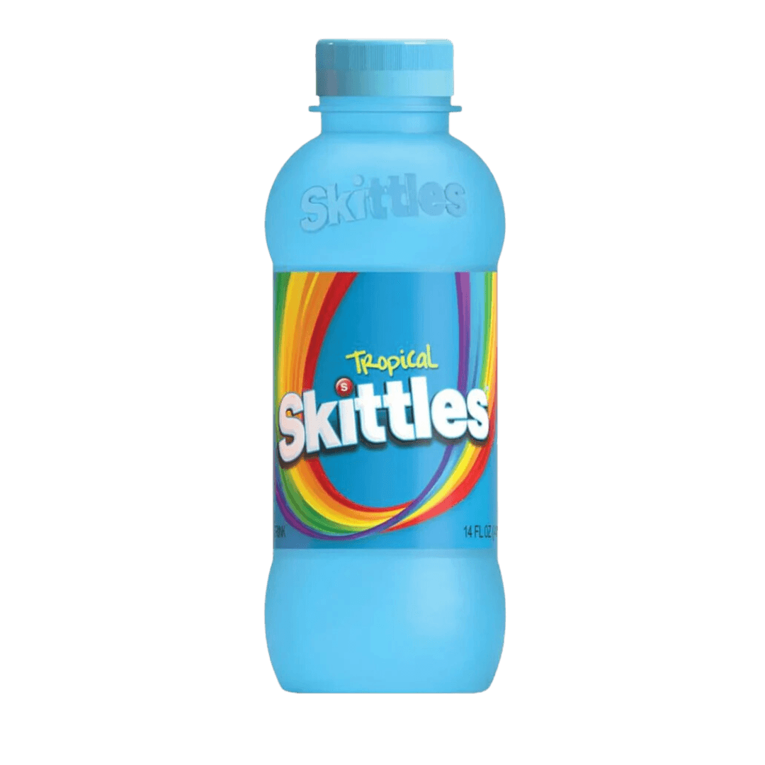 Sweet Palace Skittles Tropical Drink in a colorful bottle, showcasing vibrant fruit flavors and tropical-themed packaging.