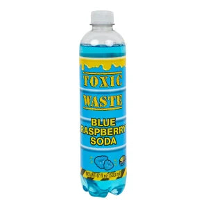Bottle of Toxic Waste Blue Raspberry Soda from Sweet Palace, showing vibrant blue beverage and colorful label design.
