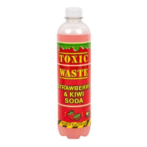 Sweet Palace Toxic Waste Strawberry & Kiwi soda bottle with vibrant label and colorful fruit graphics on the label.