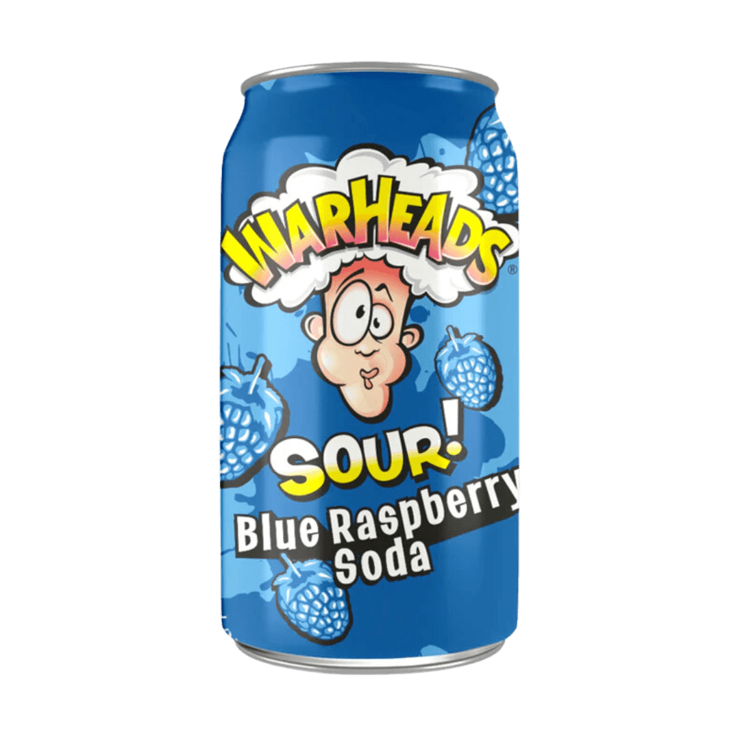 Sweet Palace Warheads Sour Blue Raspberry Soda in a clear glass bottle with vibrant blue liquid and colorful branding.