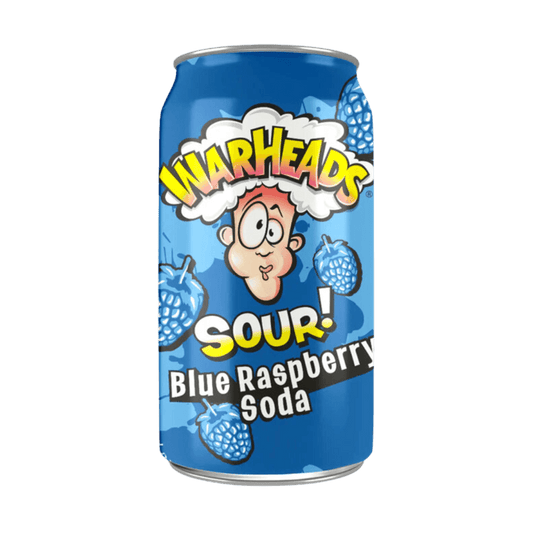 A bottle of Warheads Sour Blue Raspberry Soda from Sweet Palace, showcasing the bright blue beverage in a clear glass bottle.