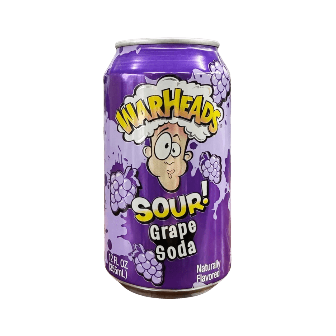 Sweet Palace Warheads Sour Grape Soda drink in a clear bottle with purple label and cap, showing vibrant purple liquid inside.